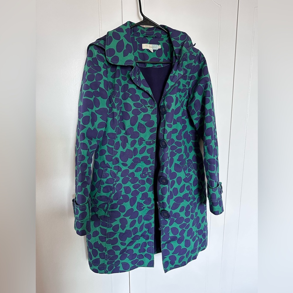 Boden Coat Jacket Trench Navy Blue Green Print Hooded Lined Size UK10 US6
